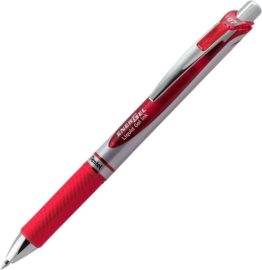 Pentel EnerGel RTX Retractable Liquid Gel Pen (0.7mm), Medium Line, Metal Tip, Red Ink, Pack of 3 (BL77BP3B)
