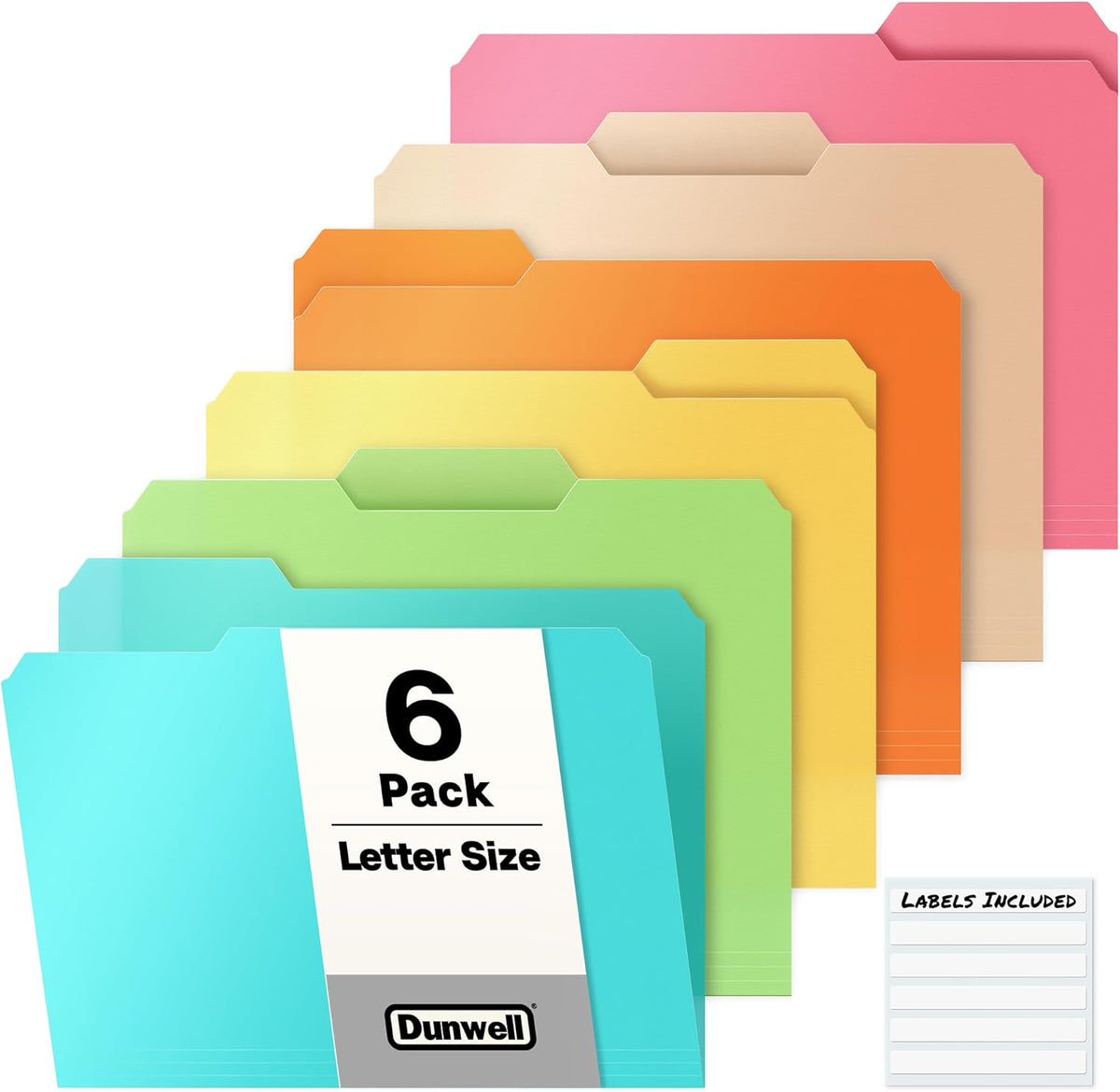 Dunwell Plastic File Folders, 1/3 Tab, Letter Size Documents, 6 Pack