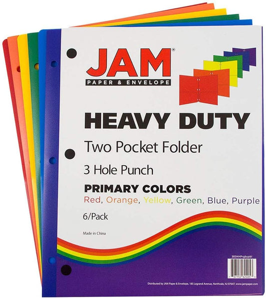 JAM PAPER Heavy Duty Plastic 3 Hole Punch Pocket Folders - Extra Tough School Folders - Assorted Primary Colors - 6/Pack