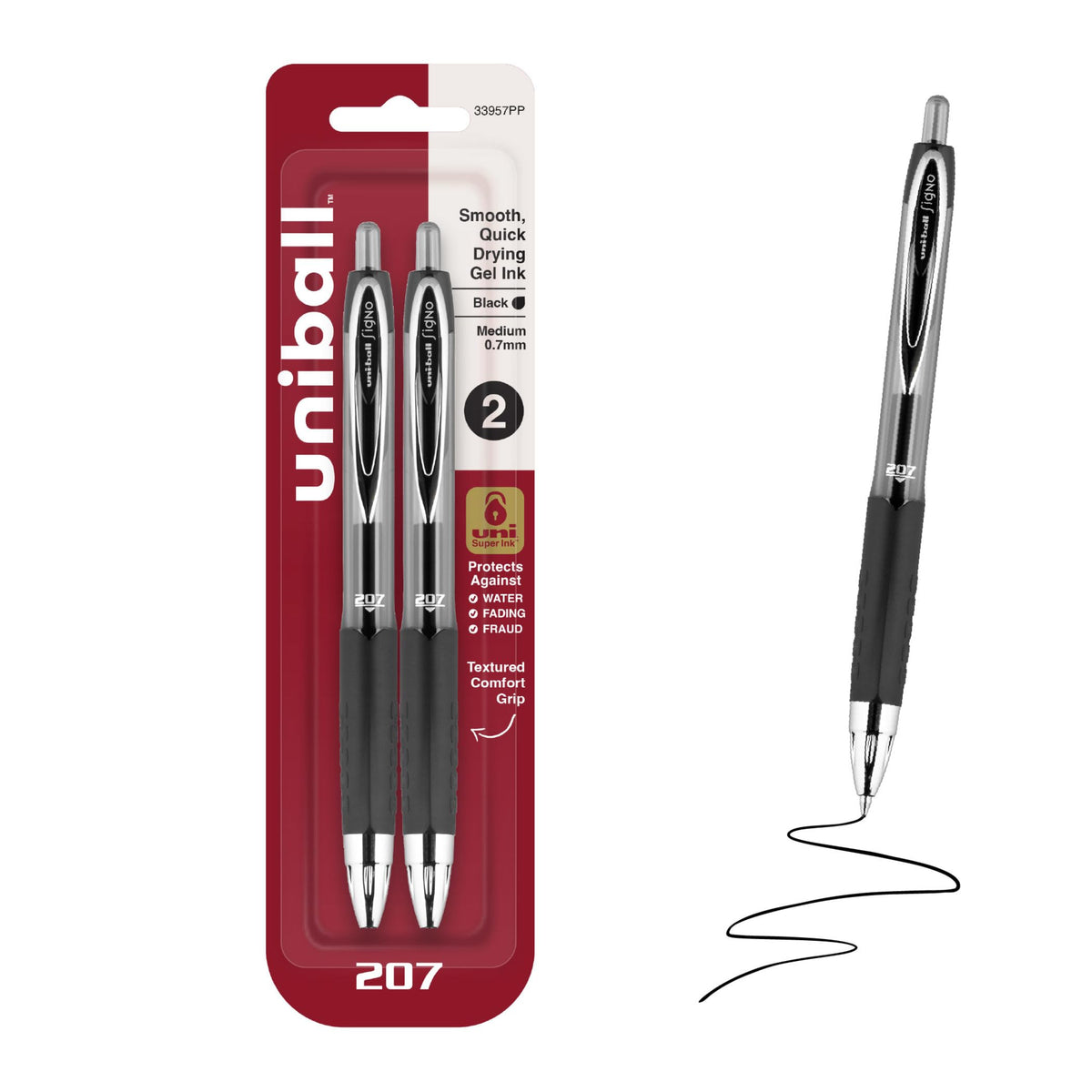 uniball™ 207 Gel Pens, Black Ink, 1.0mm Bold Point, Retractable, 12 Count