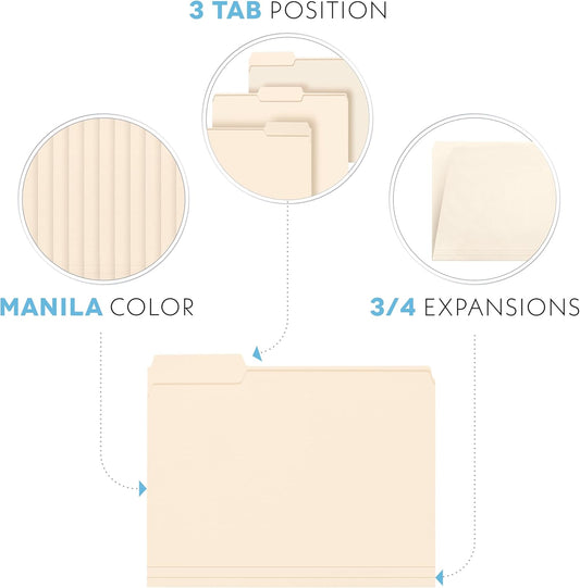 Manilla Folders 8.5 x 11 | 100 Pack Manila File Folders | Heavy Duty Letter Size Paper Folders with 1/3 Cut Tabs | Filing Folders for Office, Business, School & Home