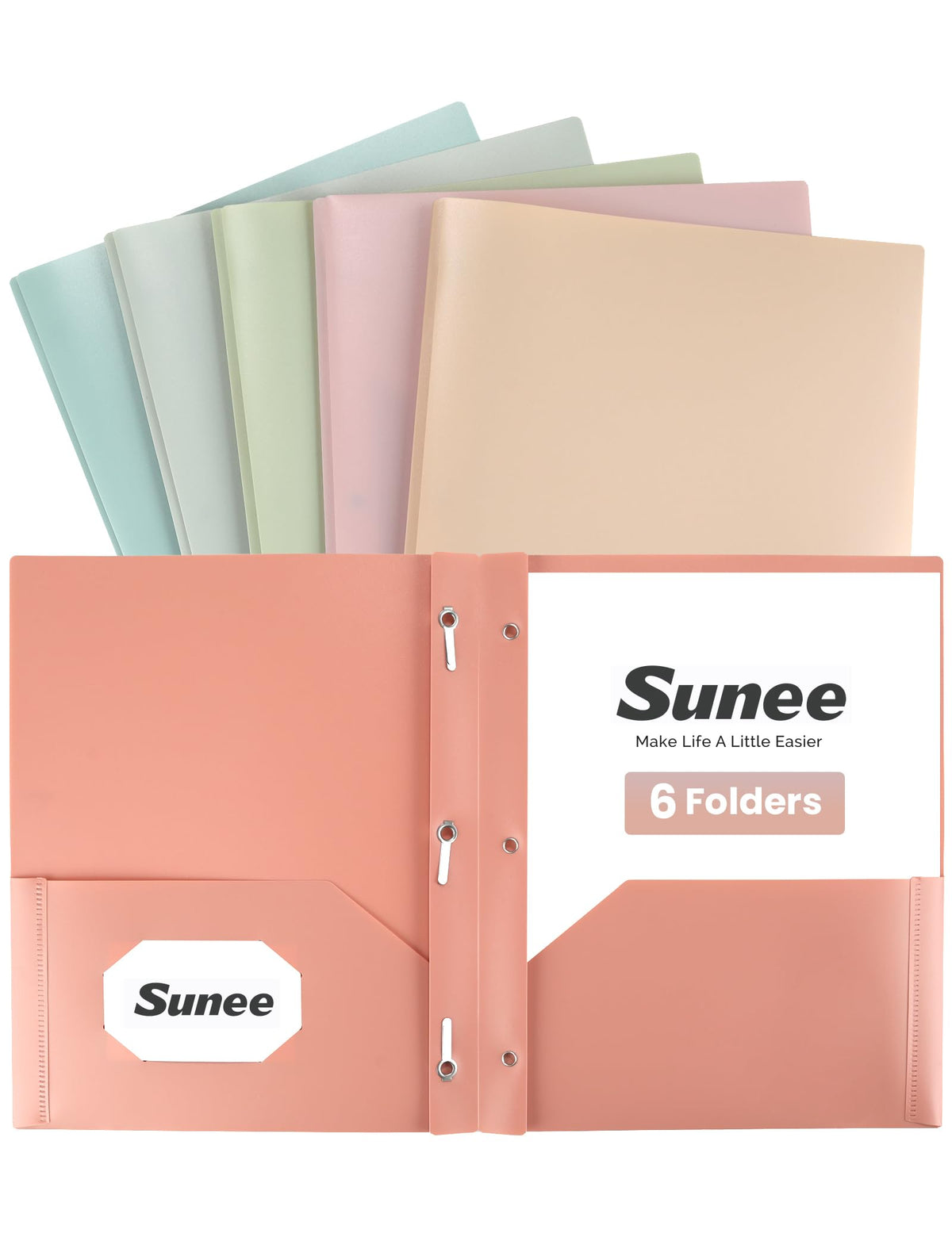 SUNEE 3-Prong Plastic Folders with Pockets (6 Pack, Pastel Colors) 2 Pocket Folders with Fasteners, Tear-Resistant Plastic Pockets, and Fit Letter Size Paper, Use for School Office Home Business