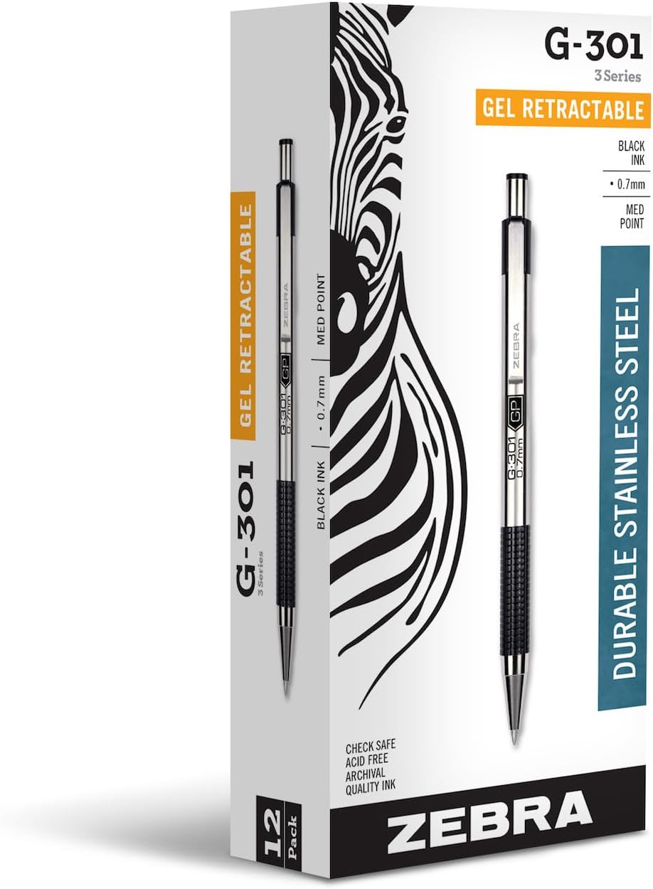 Zebra Pen STEEL G-301 Retractable Gel Pen, Black Ink, 0.7mm, 12-Pack