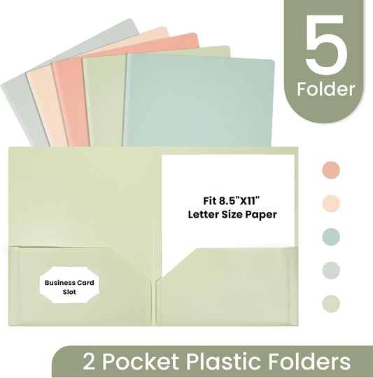 GNL Plastic Folders with Pockets, Pack of 5, Muted Pastel Colors, Heavy Duty 2 Pocket File Folders Letter Size, Pocket Folders for School, Home, and Office