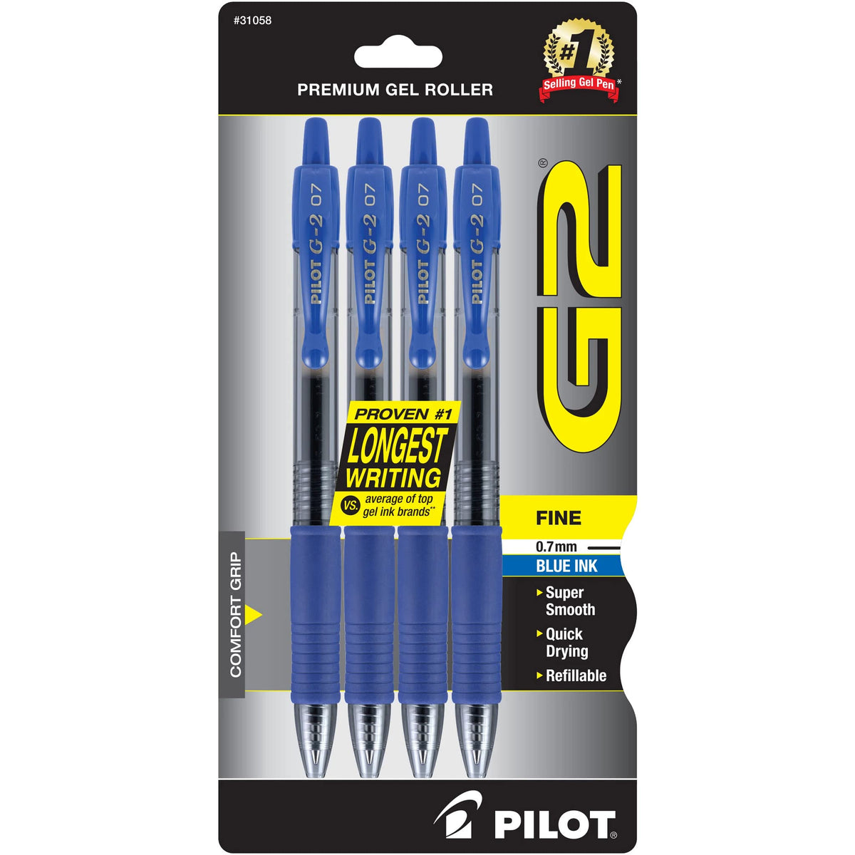 PILOT, G2 Premium Gel Roller Pens, Fine Point 0.7 mm, Blue, Pack of 4