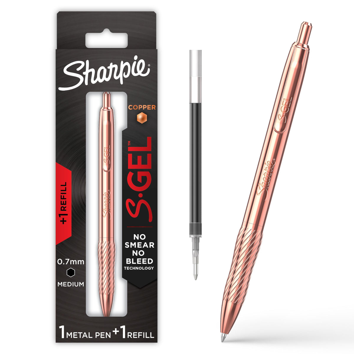 Sharpie S-Gel Pens, Copper Metal Body, Medium Point (0.7mm), Black Gel Ink, Includes 2 Pens and 2 Additional Ink Refills