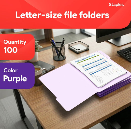 Staples File Folders, Letter Size, 1/3-Cut Tabs, Purple, 100/Pack