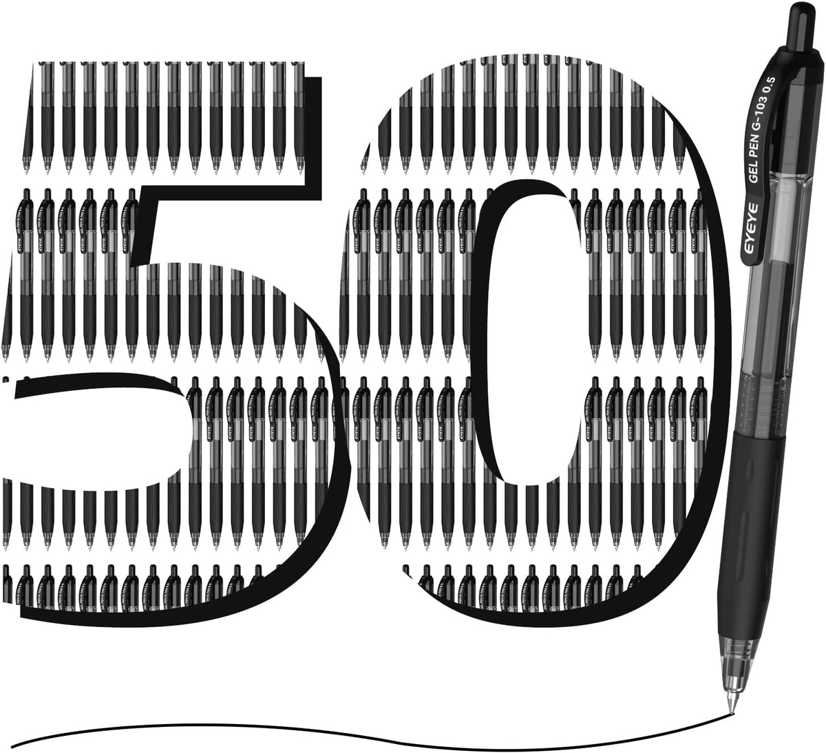 EYEYE G-103 Gel Pens, Black Ink, 0.5mm Extra Fine Point, Pack of 50
