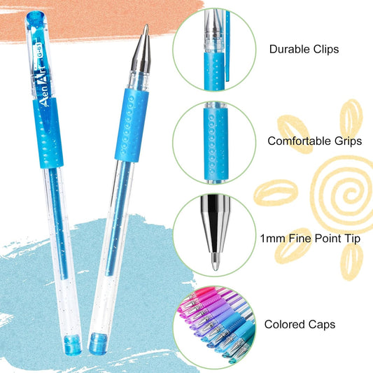 Aen Art Glitter Gel Pens with Case for Adult Coloring Books, 100 Color Glitter Pen Set 30% More Ink Neon Glitter Gel Marker for Journaling Crafting Doodling Drawing