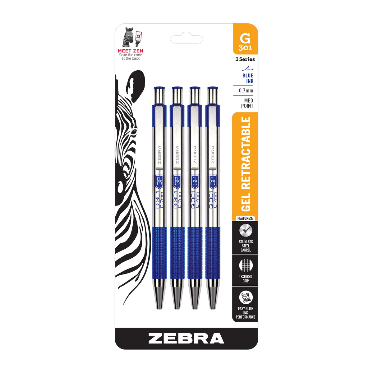 Zebra Pen STEEL G-301 Retractable Gel Pen, Black Ink, 0.7mm, 12-Pack