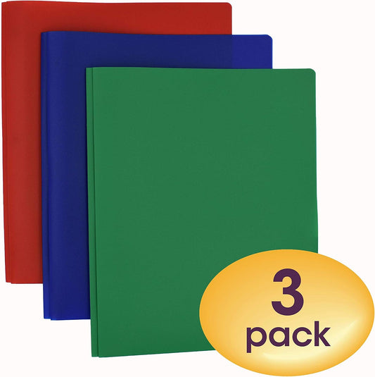 Smead Plastic 2 Pocket Folders with Pockets & Prongs, Red Blue Green 3 Pack