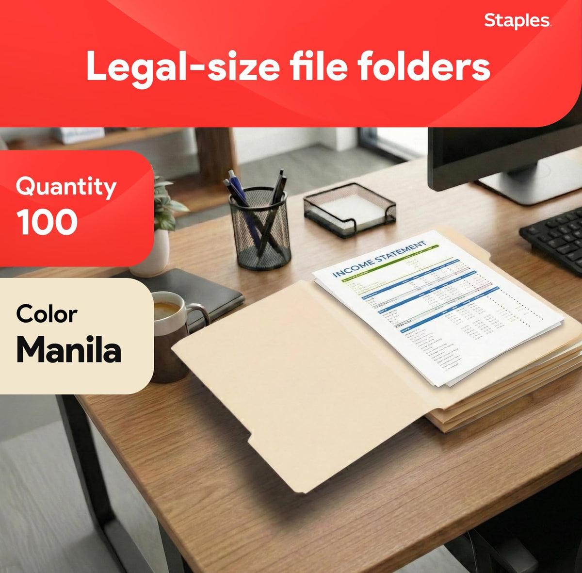 Staples 163360 Manila 3-Tab File Folders Legal Assorted Position 100/Box
