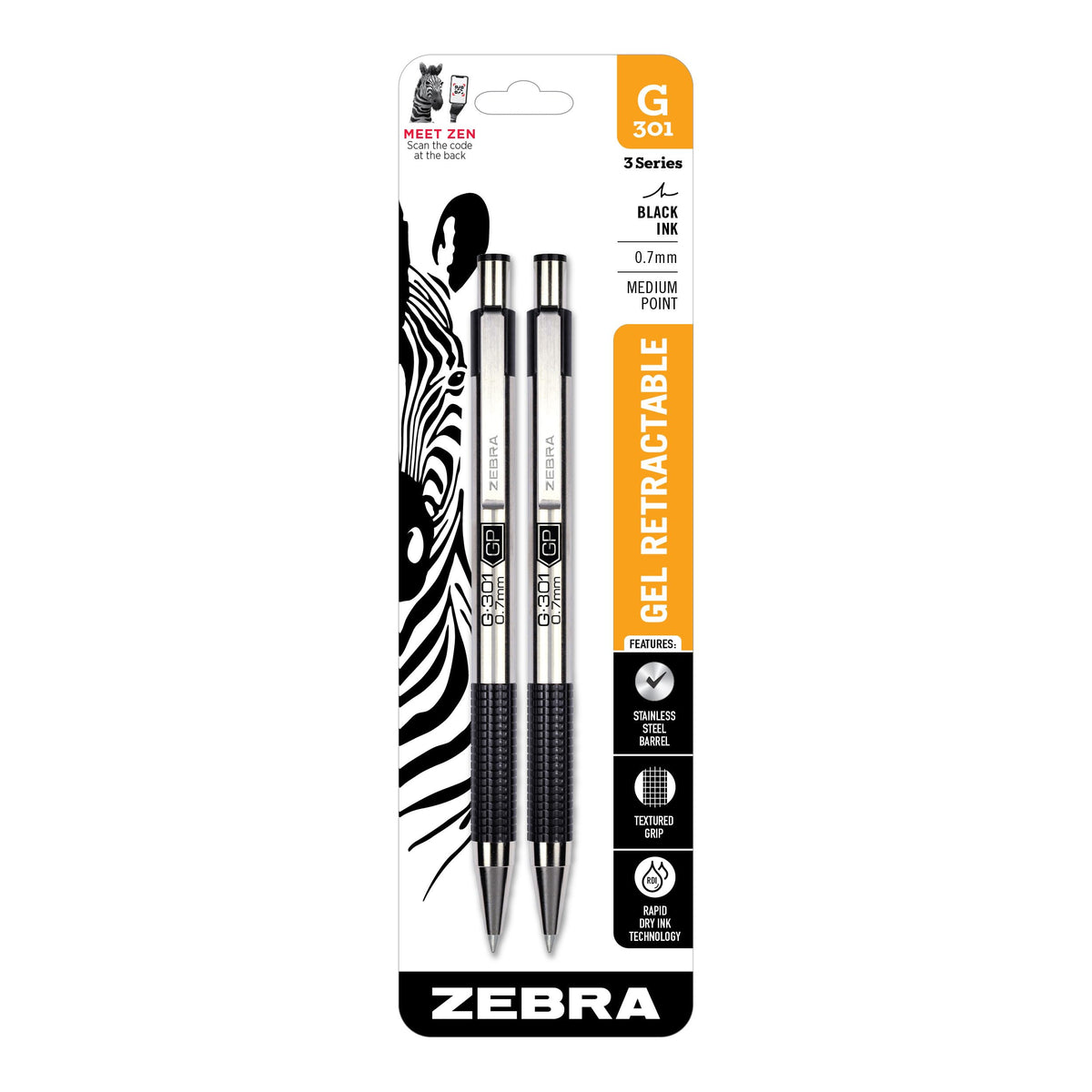 Zebra Pen STEEL G-301 Retractable Gel Pen, Black Ink, 0.7mm, 12-Pack
