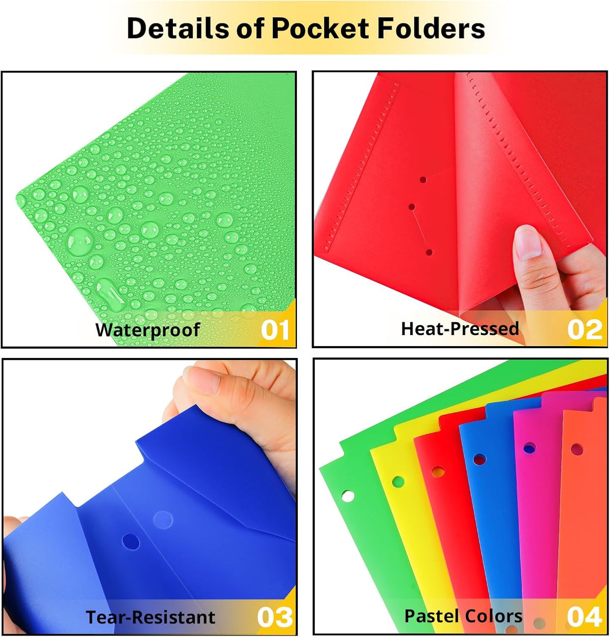 Plastic Folders with Pocket, 6 Assorted Color, 3 Hole Punched Binder Folder