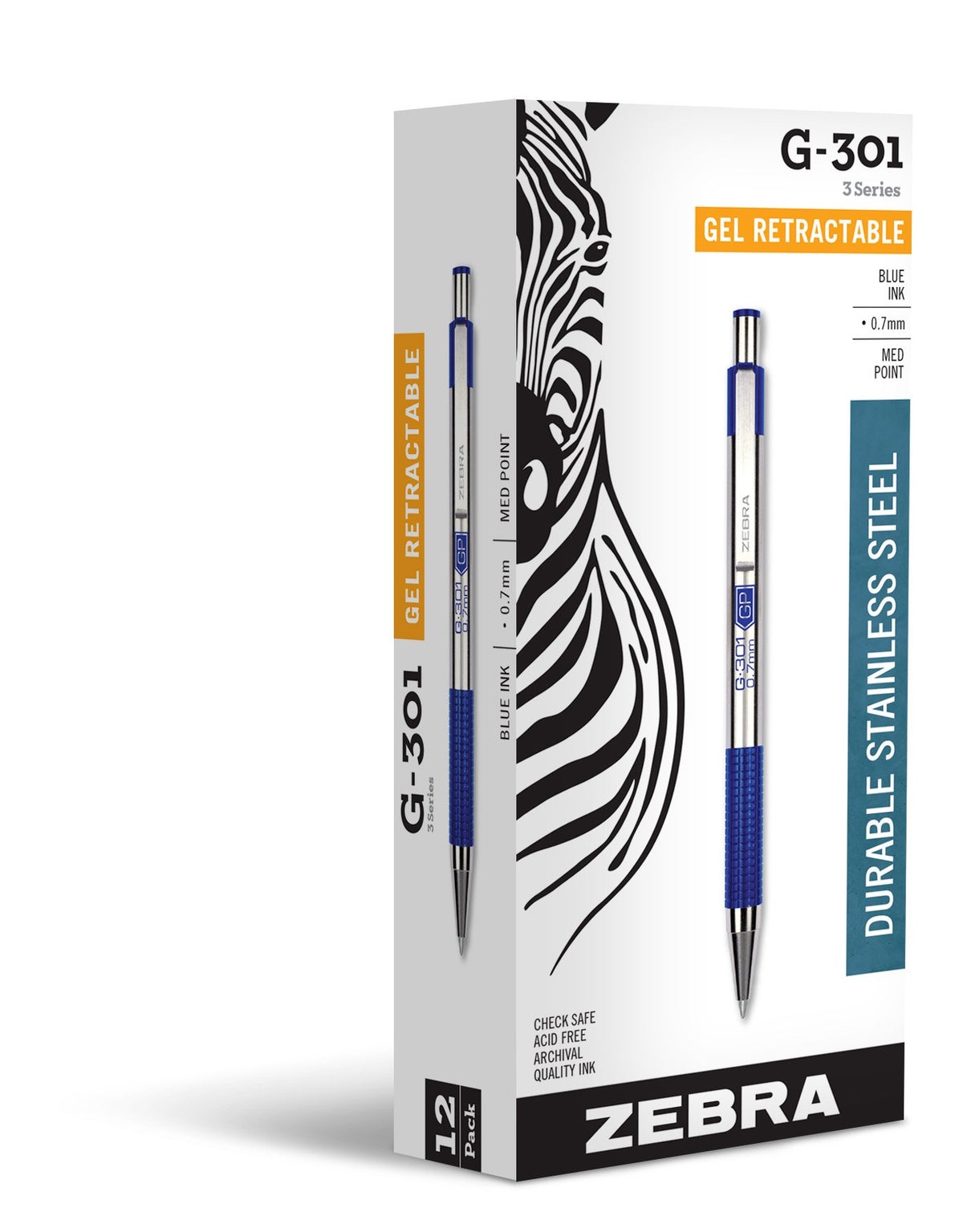 Zebra Pen STEEL G-301 Retractable Gel Pen, Black Ink, 0.7mm, 12-Pack