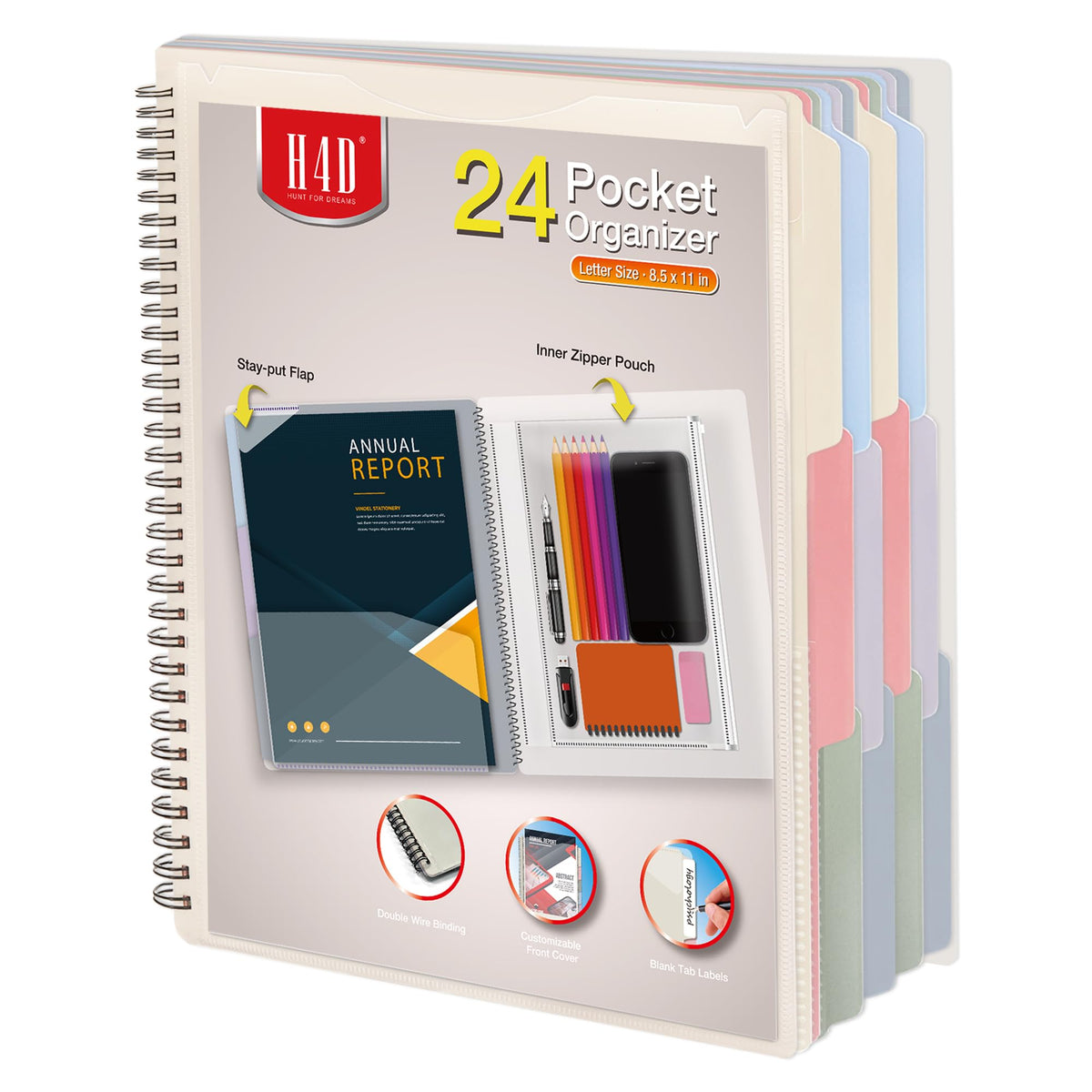 H4D 12 Pocket Poly Project Organizer, Multi Pocket Folder, Pastel Colors
