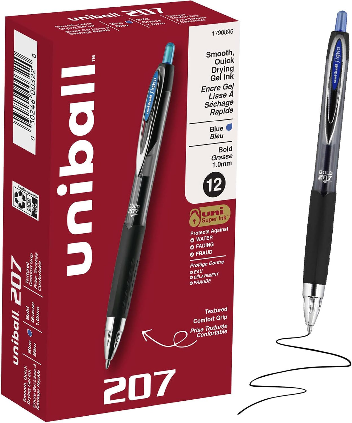 uniball™ 207 Gel Pens, Blue Ink, 1.0mm Bold Point, Retractable, 12 Count
