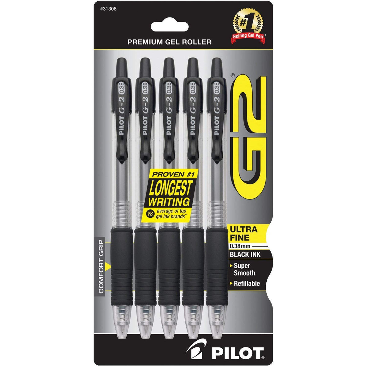 PILOT G2 Premium Retractable Rolling Ball Black Gel Pens, .38mm, 5-Pack