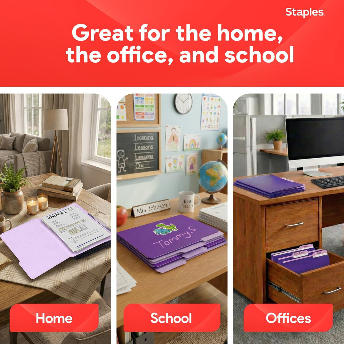 Staples File Folders, Letter Size, 1/3-Cut Tabs, Purple, 100/Pack