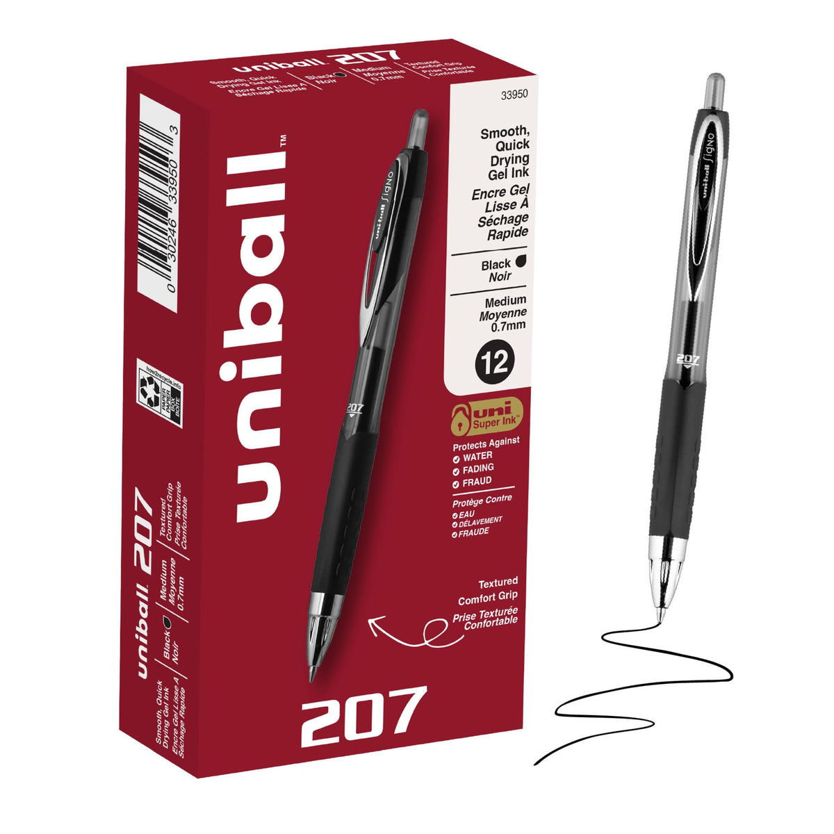 uniball™ 207 Gel Pens, Black Ink, 1.0mm Bold Point, Retractable, 12 Count