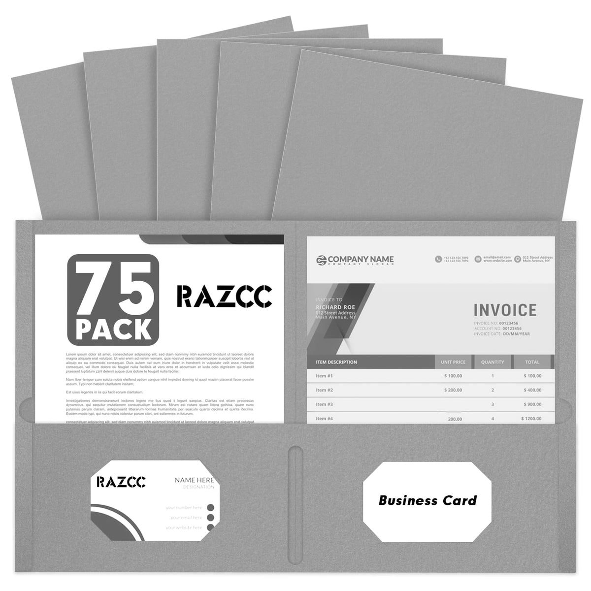 RAZCC Two Pocket Folders, 75 Pack, Letter Size, Black Folders with Pockets