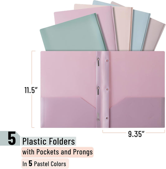 Mr. Pen- Plastic Folders with Pockets and Prongs, 5 Pack, Letter Size