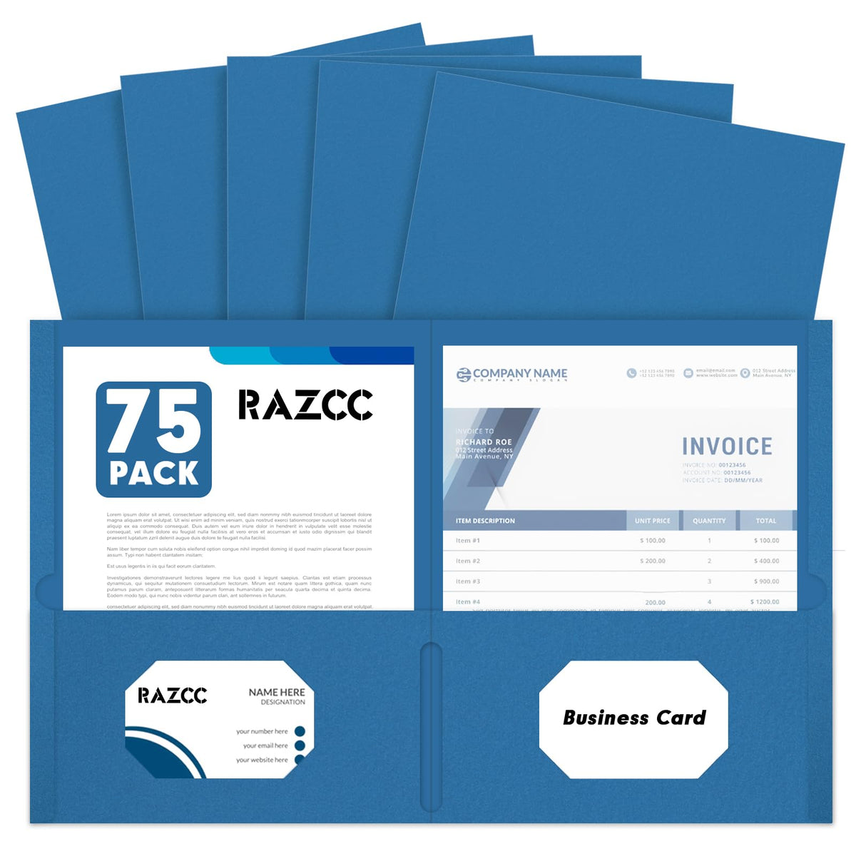 RAZCC Two Pocket Folders, 75 Pack, Letter Size, Black Folders with Pockets