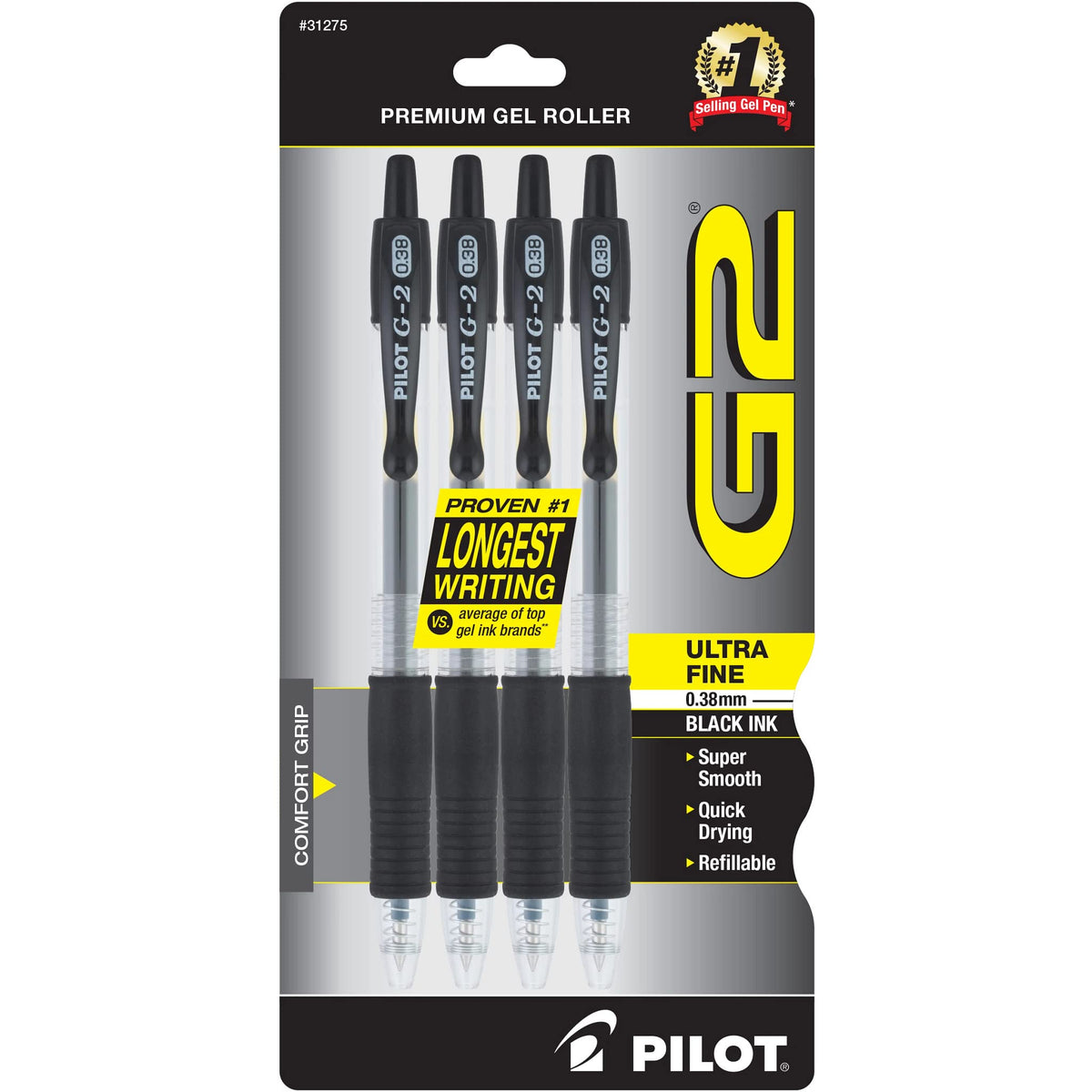 PILOT G2 Premium Retractable Rolling Ball Black Gel Pens, .38mm, 5-Pack
