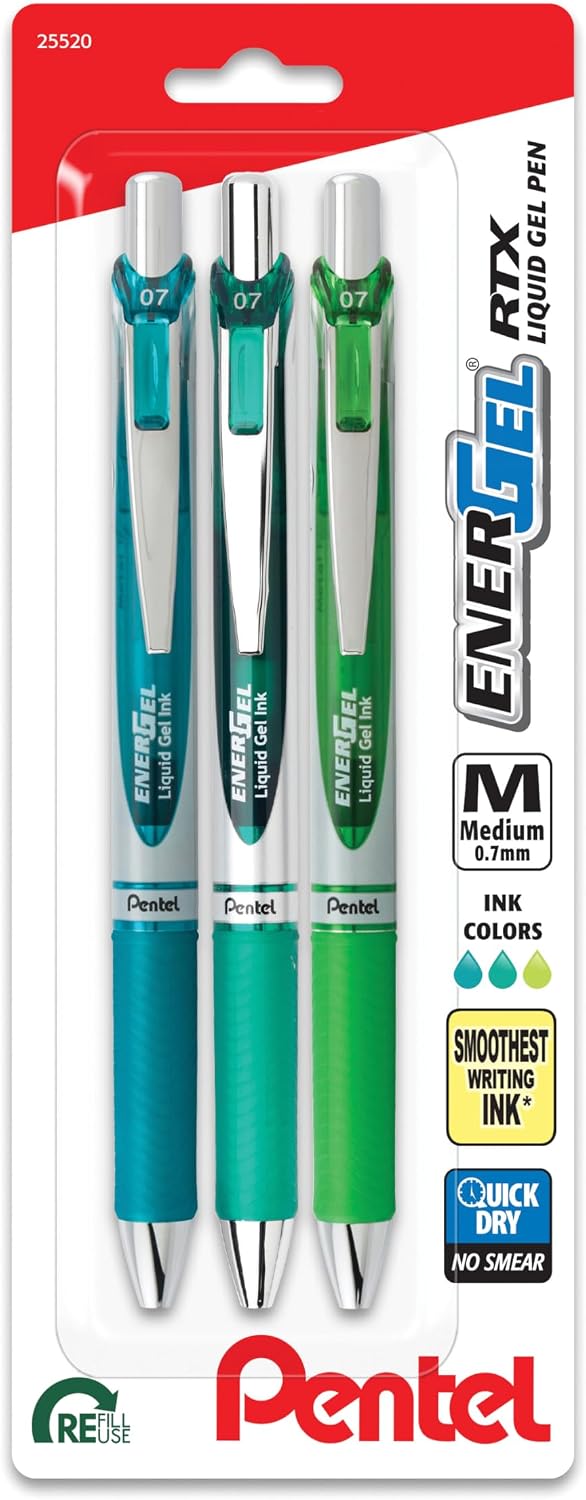 Pentel EnerGel RTX Retractable Liquid Gel Pen, 0.7mm, Chill Hue, Turquoise, Green, and Lime Green Ink, Pack of 3 Pens (BL77CHIBP3M)