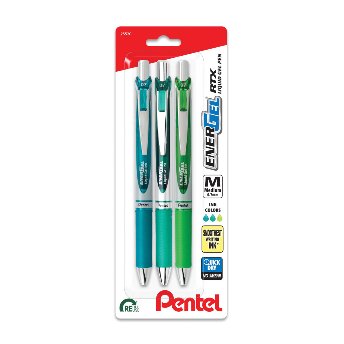 Pentel EnerGel RTX Retractable Liquid Gel Pen, 0.7mm, Chill Hue, Turquoise, Green, and Lime Green Ink, Pack of 3 Pens (BL77CHIBP3M)