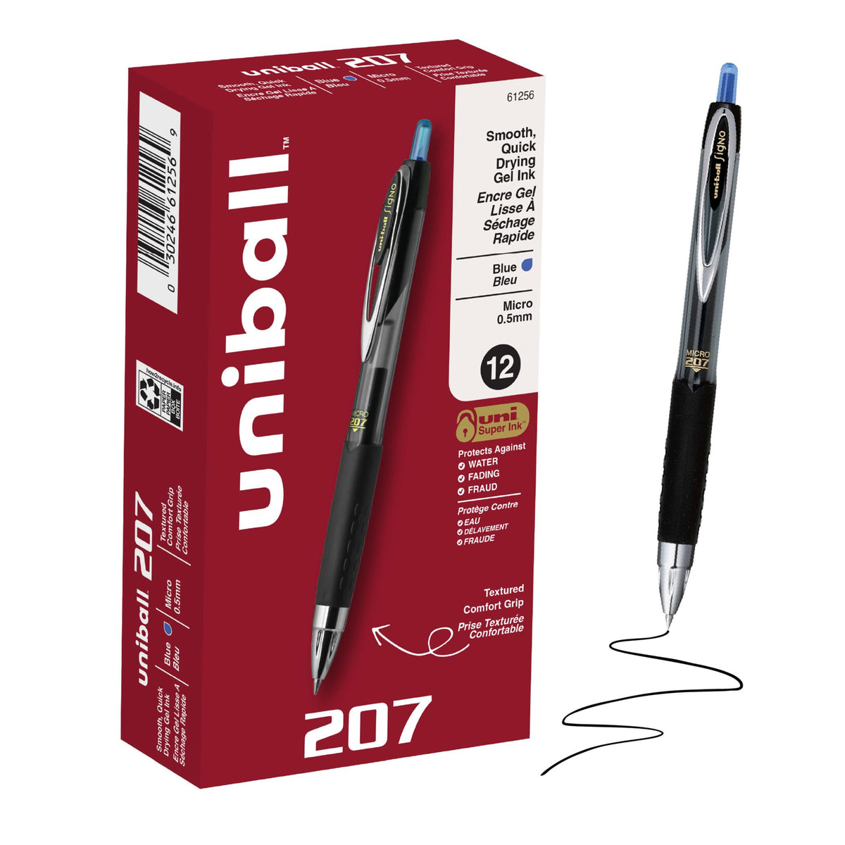 uniball™ 207 Gel Pens, Blue Ink, 1.0mm Bold Point, Retractable, 12 Count