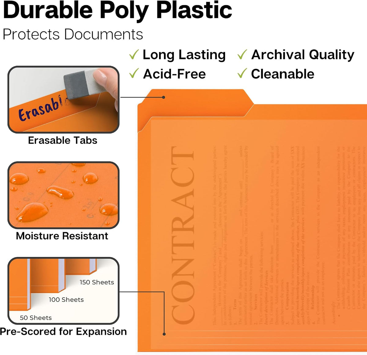 Dunwell Plastic File Folders, 1/3 Tab, Letter Size Documents, 6 Pack