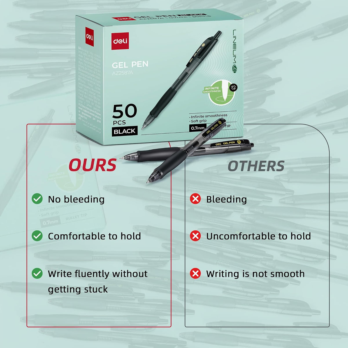 deli Pens Bulk, 50 Pcs Retractable Gel Pens Medium Point 0.7mm