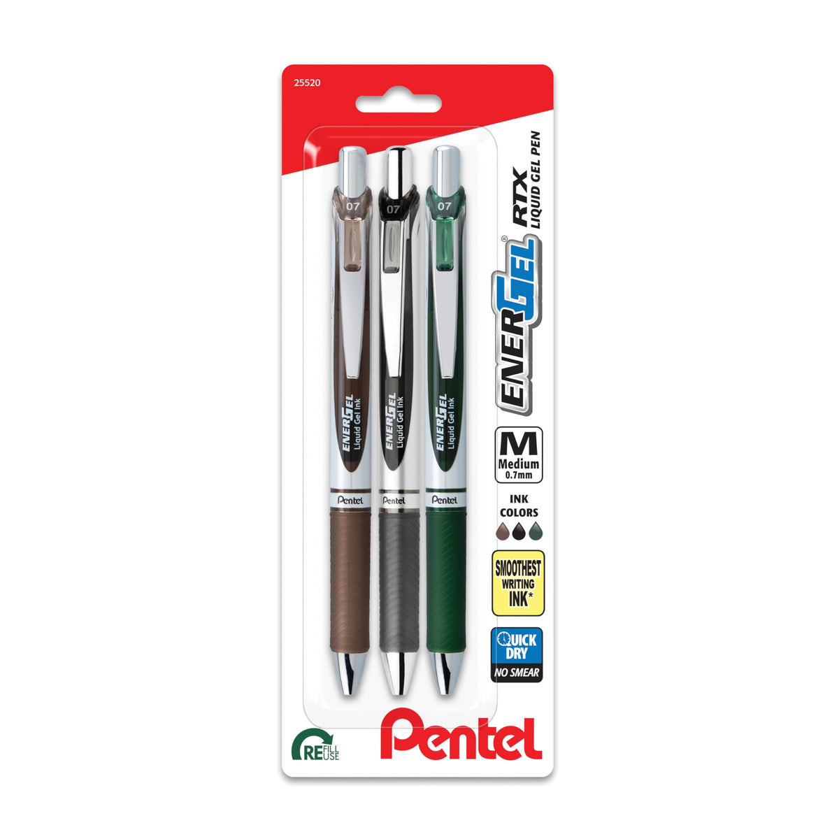Pentel EnerGel RTX Retractable Liquid Gel Pen, 0.7mm, Chill Hue, Turquoise, Green, and Lime Green Ink, Pack of 3 Pens (BL77CHIBP3M)