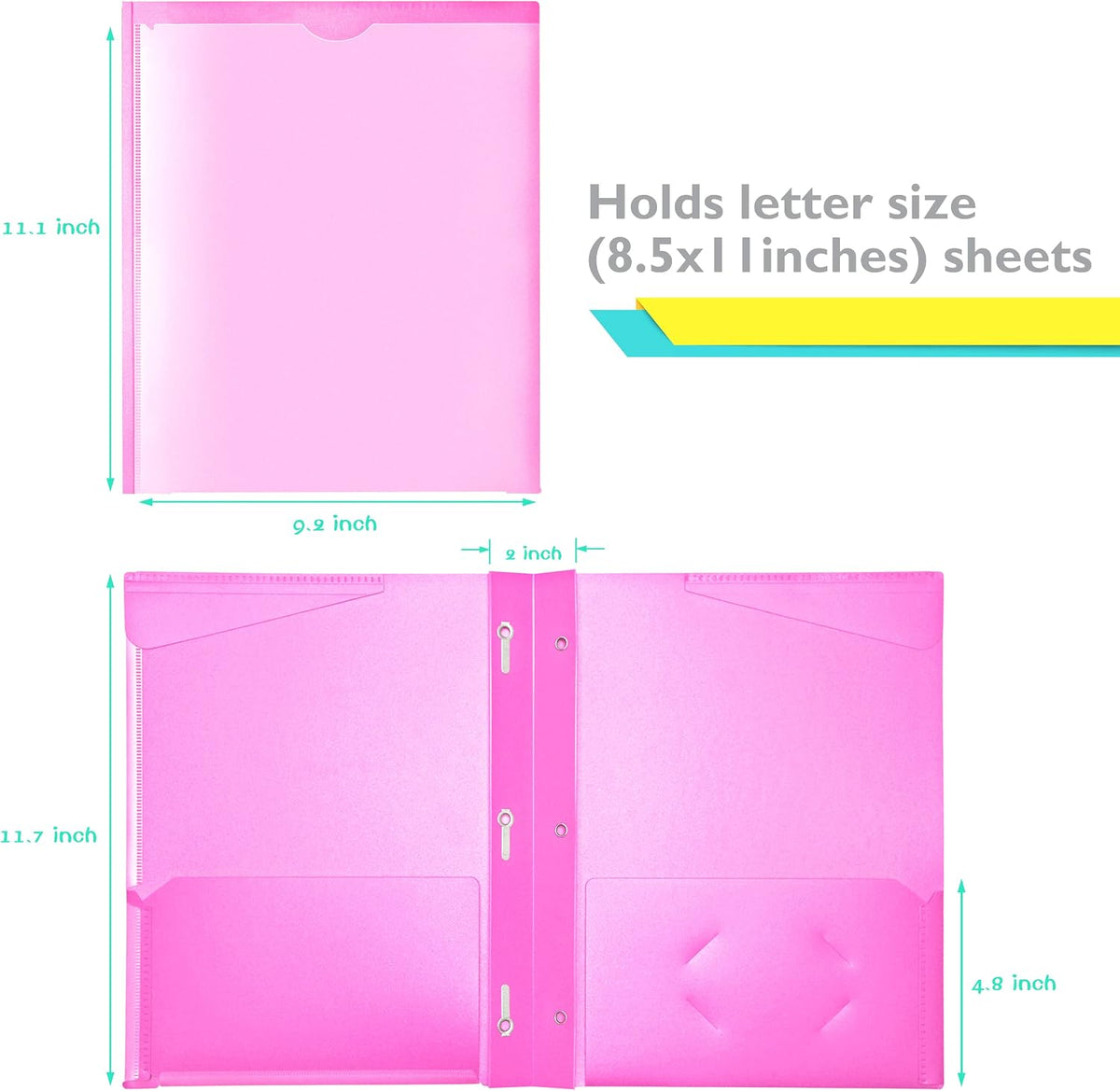 Heavy Duty Plastic Folders with Clear Front Pocket - 6PCS, 3 Pockets Folders with Prongs and Card Slot, for Letter Size Sheets, Bright Colors