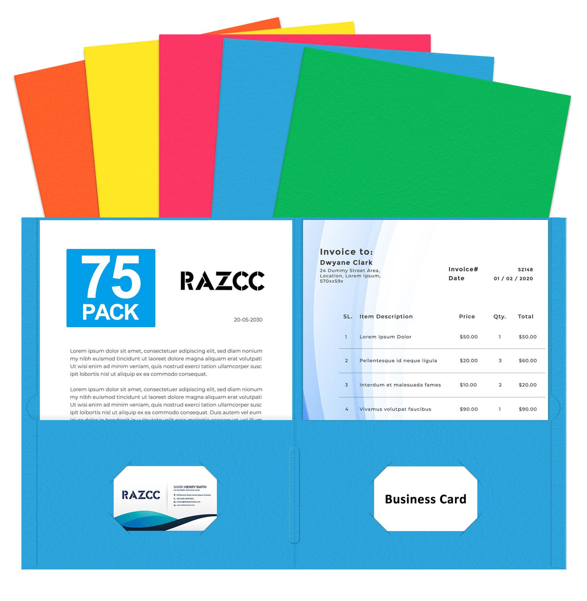 RAZCC Two Pocket Folders, 75 Pack, Letter Size, Black Folders with Pockets