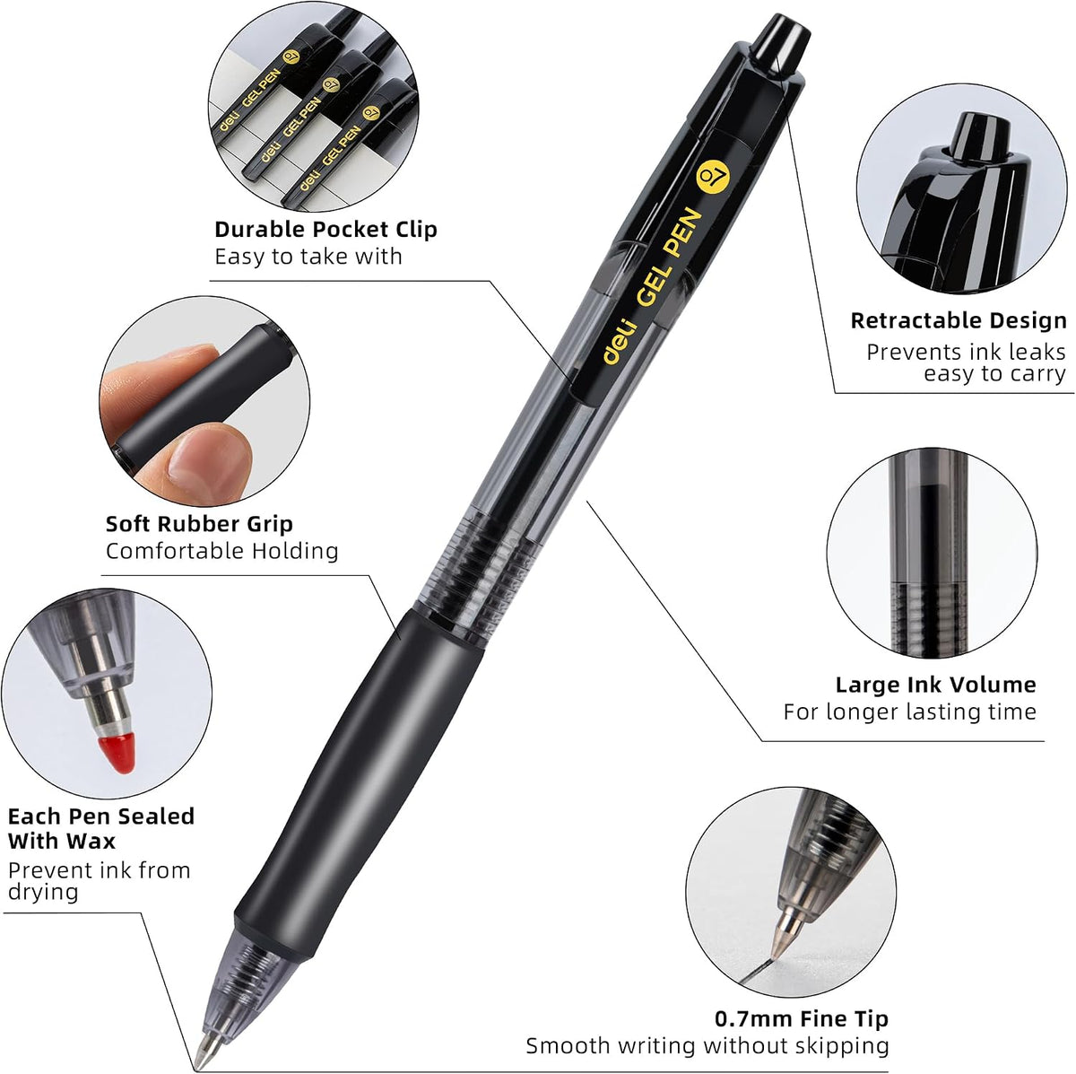 deli Pens Bulk, 50 Pcs Retractable Gel Pens Medium Point 0.7mm