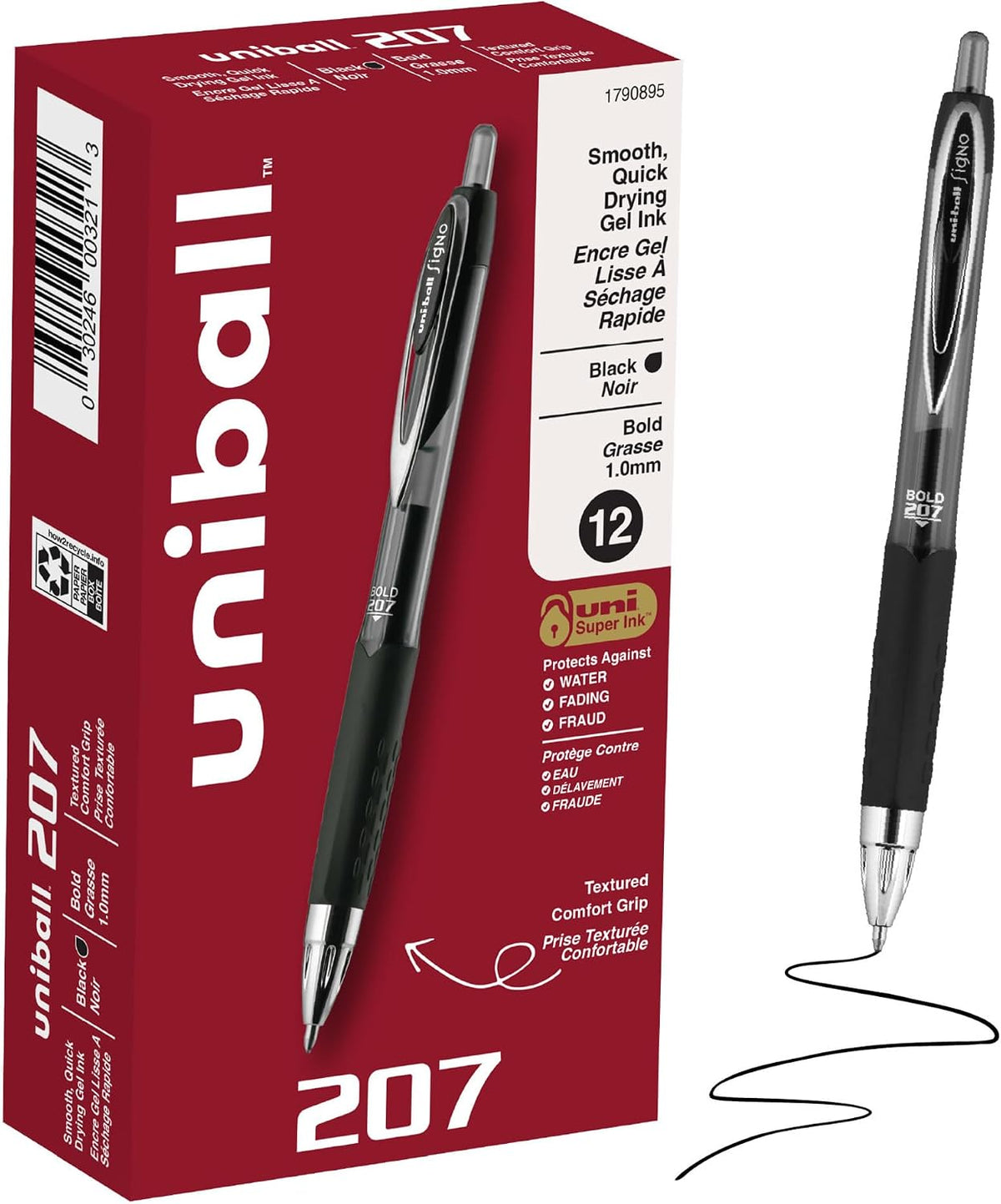 uniball™ 207 Gel Pens, Black Ink, 1.0mm Bold Point, Retractable, 12 Count