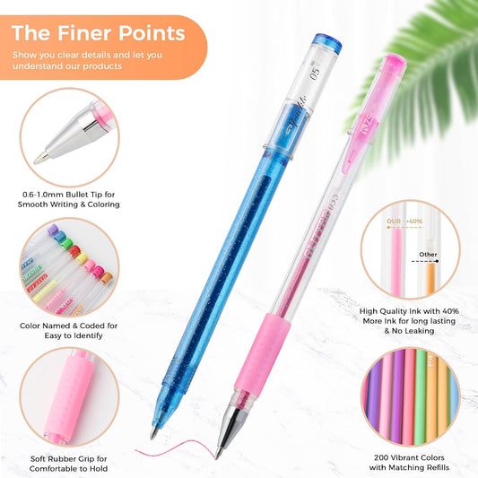 400 Pack Gel Pens for Adult Coloring, 200 Colored Pens With 200 Refills