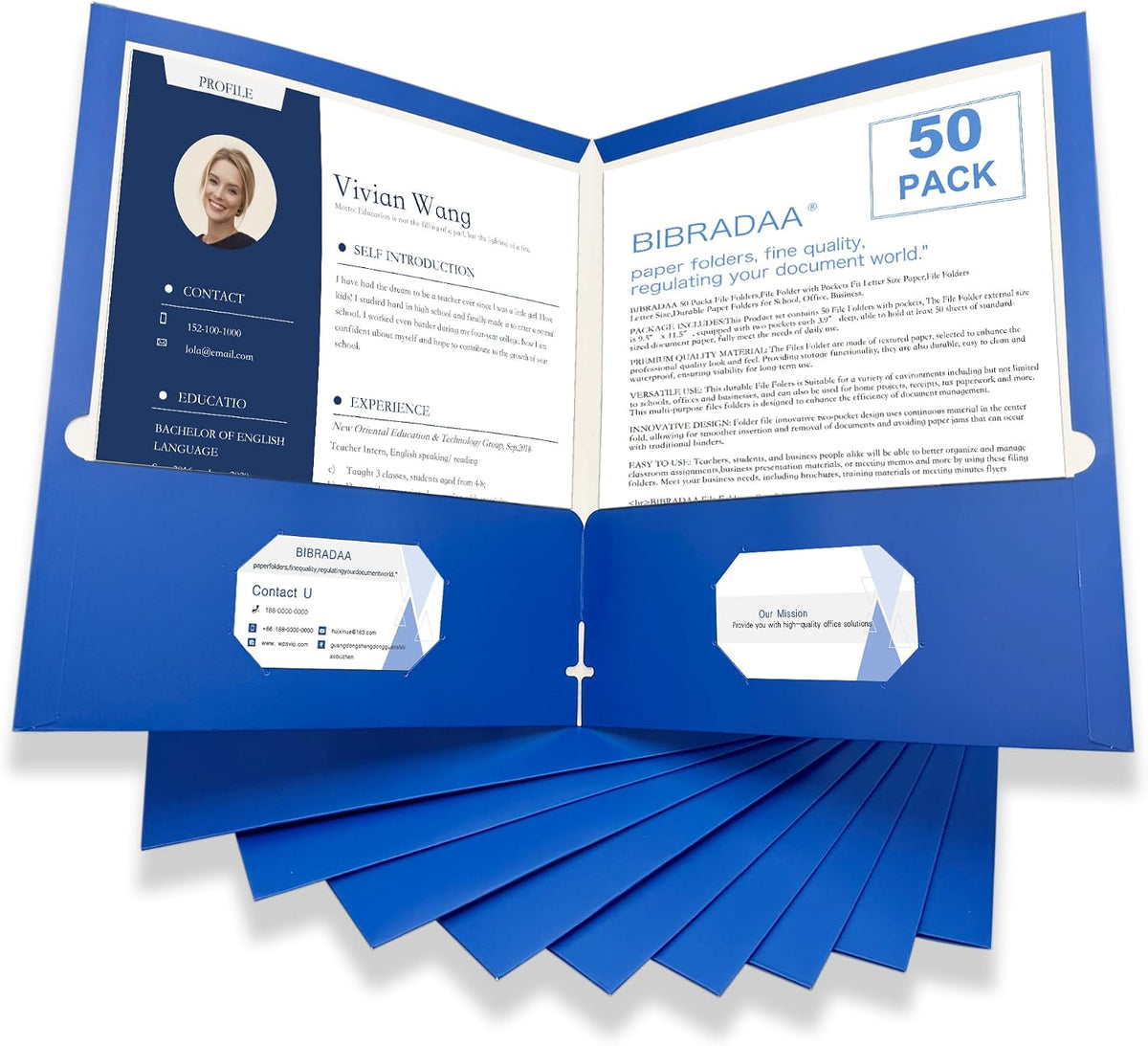 BIBRADAA® 50 Packs Blue Paper Folders with Pockets,Paper Folder Surface with Waterproofing,Letter Size,Holds 100 Plus Sheets,for School,Office,Business.(50, Dark Blue)