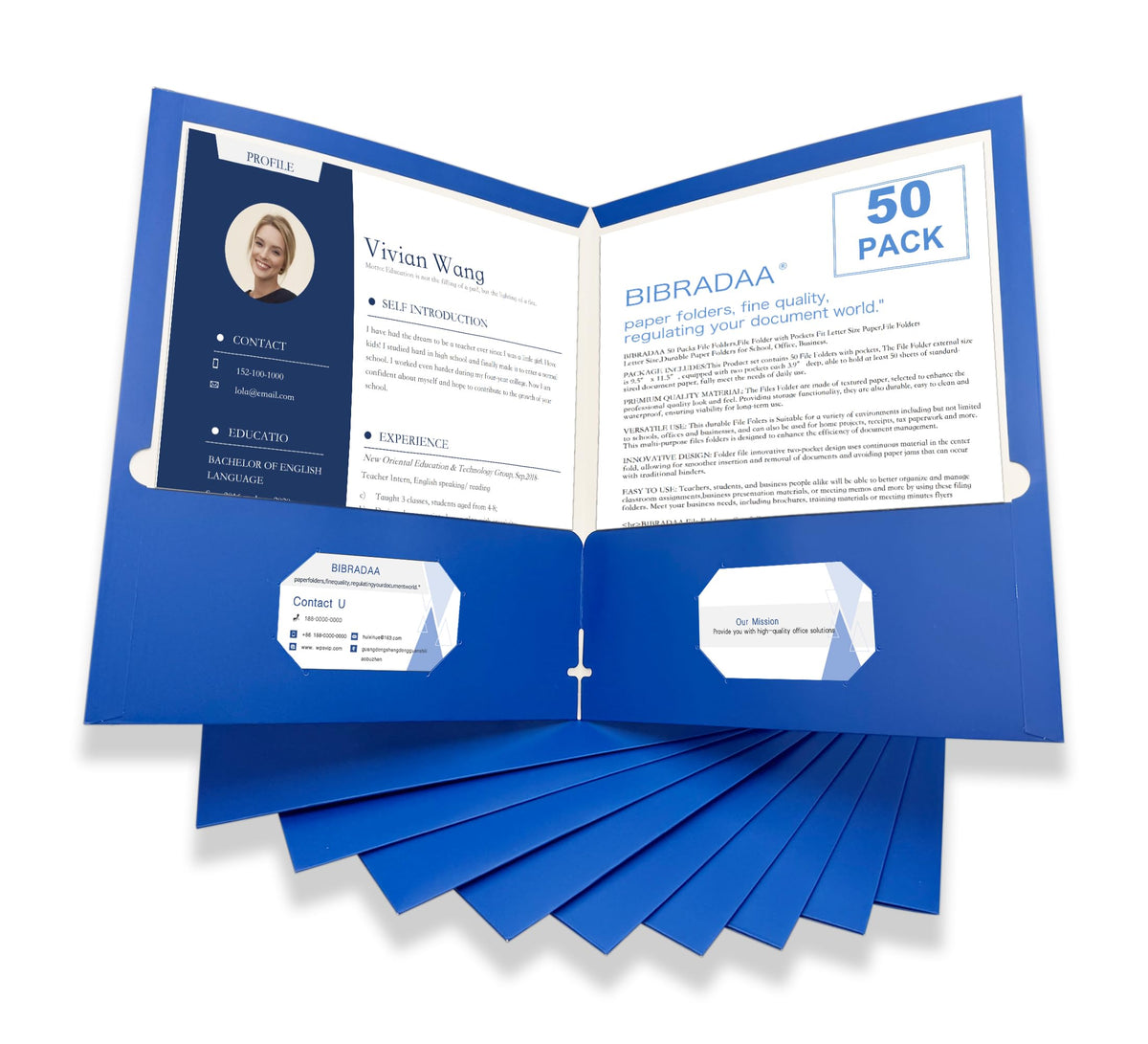 BIBRADAA® 50 Packs Blue Paper Folders with Pockets,Paper Folder Surface with Waterproofing,Letter Size,Holds 100 Plus Sheets,for School,Office,Business.(50, Dark Blue)