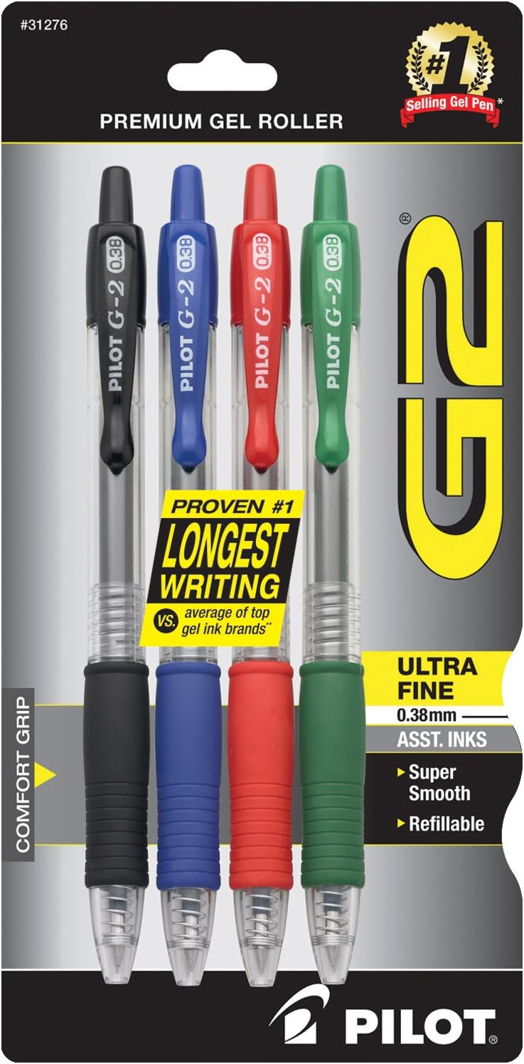 PILOT G2 Premium Retractable Rolling Ball Black Gel Pens, .38mm, 5-Pack