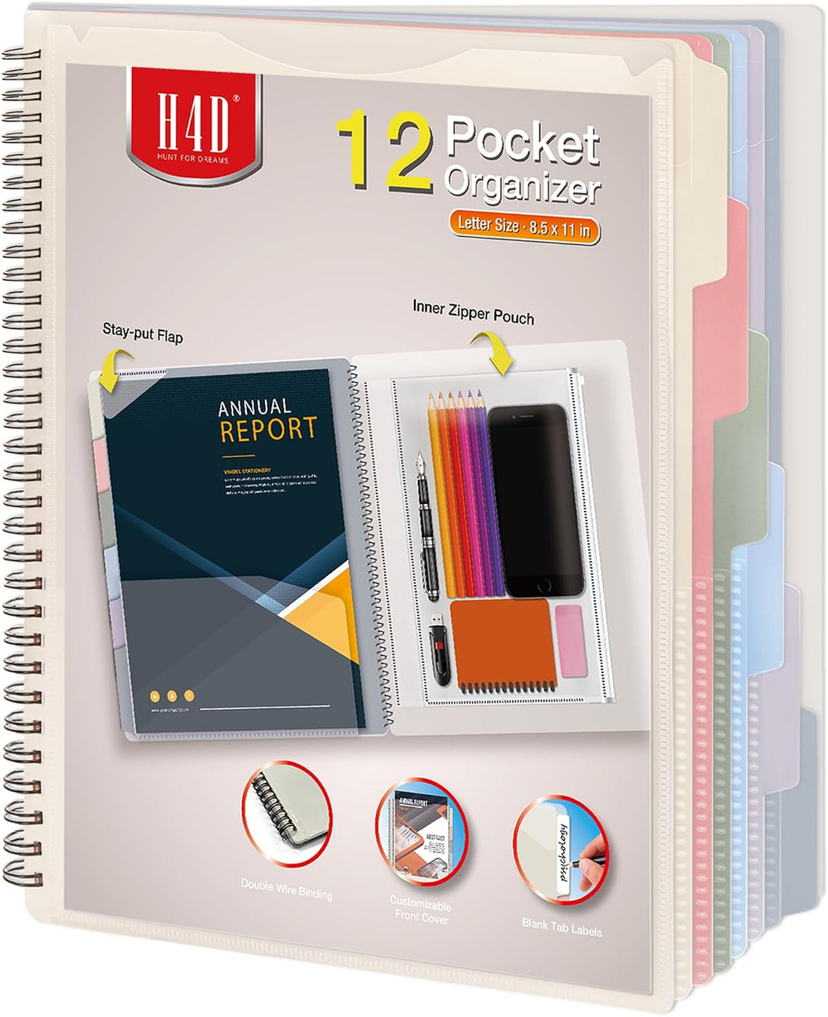 H4D 12 Pocket Poly Project Organizer, Multi Pocket Folder, Pastel Colors