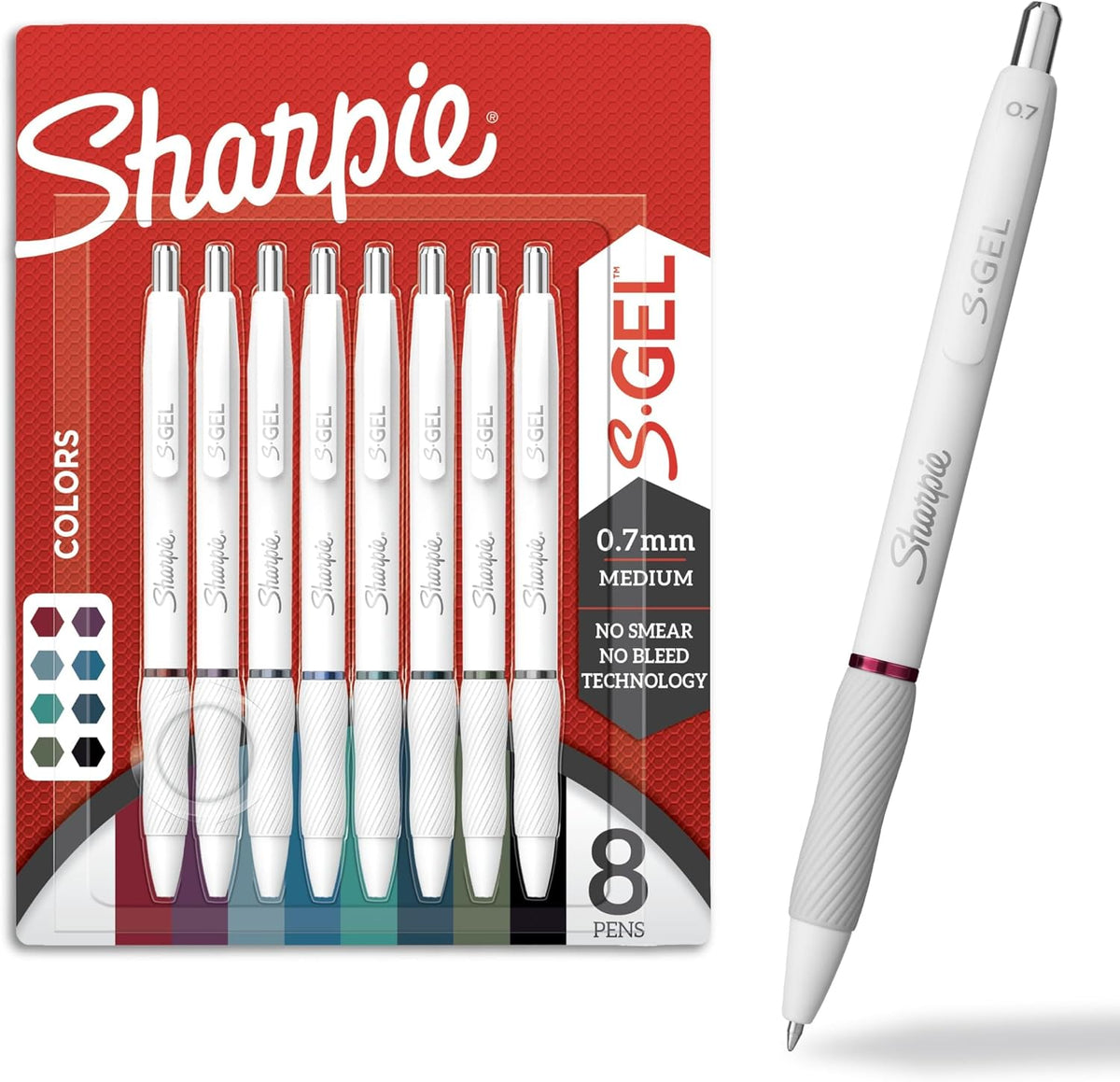 Sharpie S-Gel Pens, Fashion Barrel White Pearl, Medium Point (0.7mm), Bold Ink Colors, 8 Count