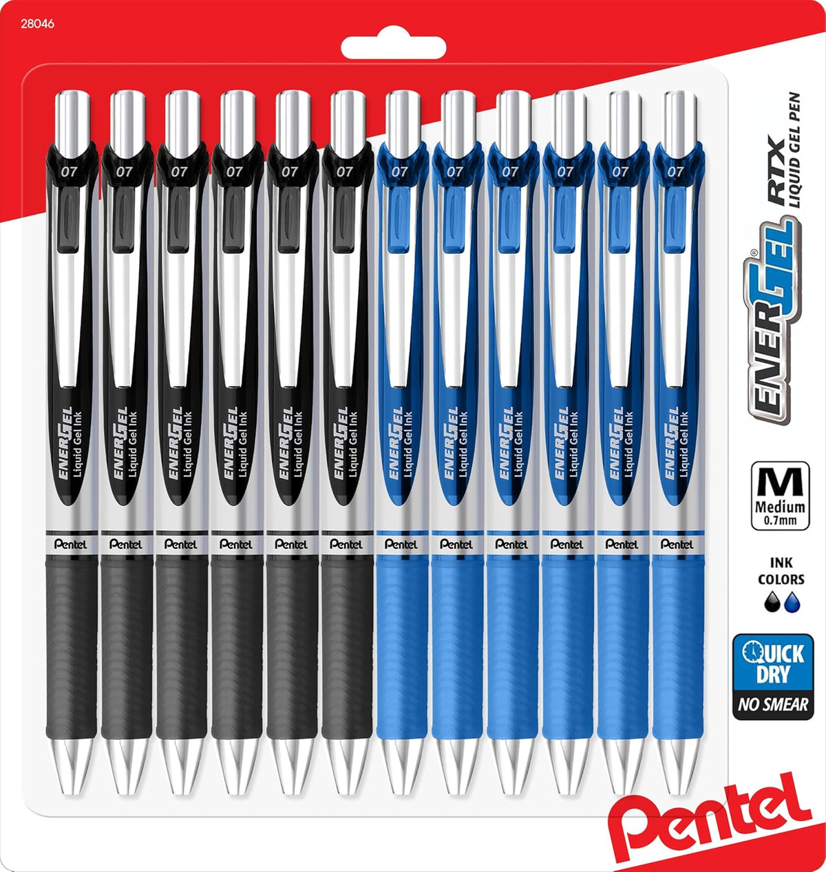 Pentel Energel RTX Retractable Liquid Gel Pen, 0.7mm, Metal Tip, Pack of 12 6 Black and 6 Blue Ink Pens