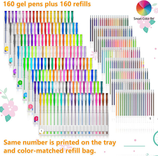 Smart Color Art 320 Pack Gel Pens Set, 160 Colors Gel Pen with 160 Refills for Adult Coloring Books Drawing Painting Writing