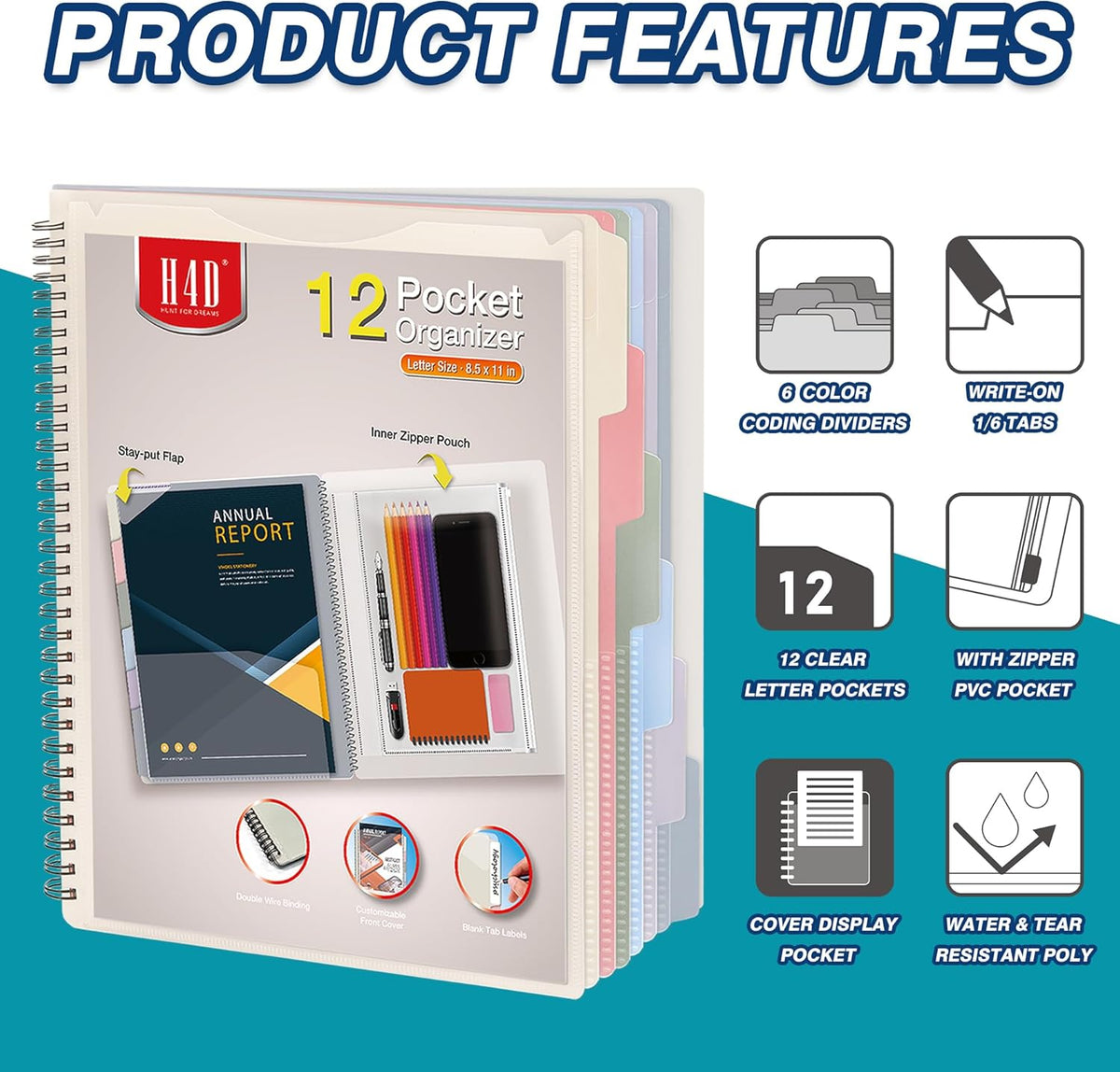 H4D 12 Pocket Poly Project Organizer, Multi Pocket Folder, Pastel Colors