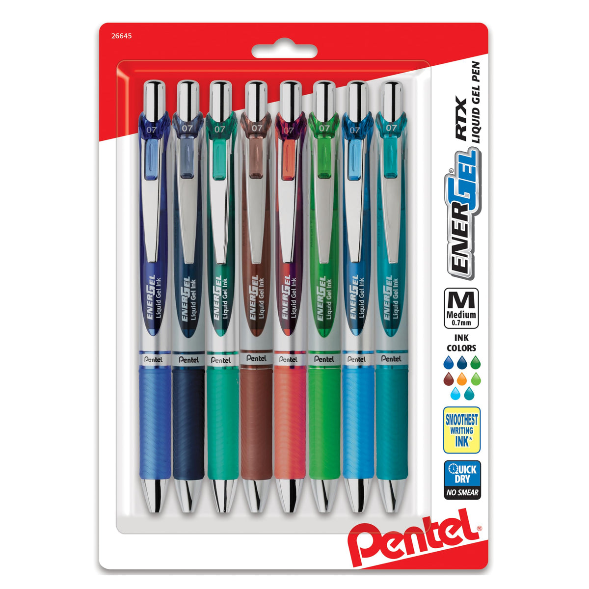 Pentel EnerGel RTX Retractable Liquid Gel Pen, (0.7mm) Metal Tip, Medium Line,Assorted Ink, 8-Pk (BL77BP8M1)