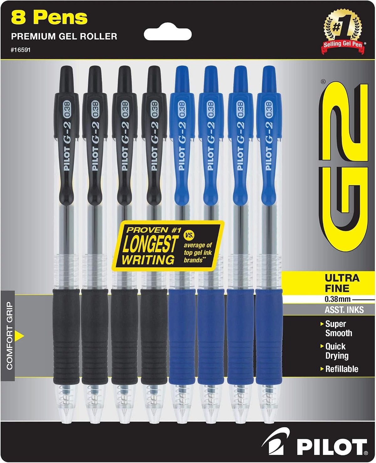 PILOT G2 Premium Retractable Rolling Ball Black Gel Pens, .38mm, 5-Pack
