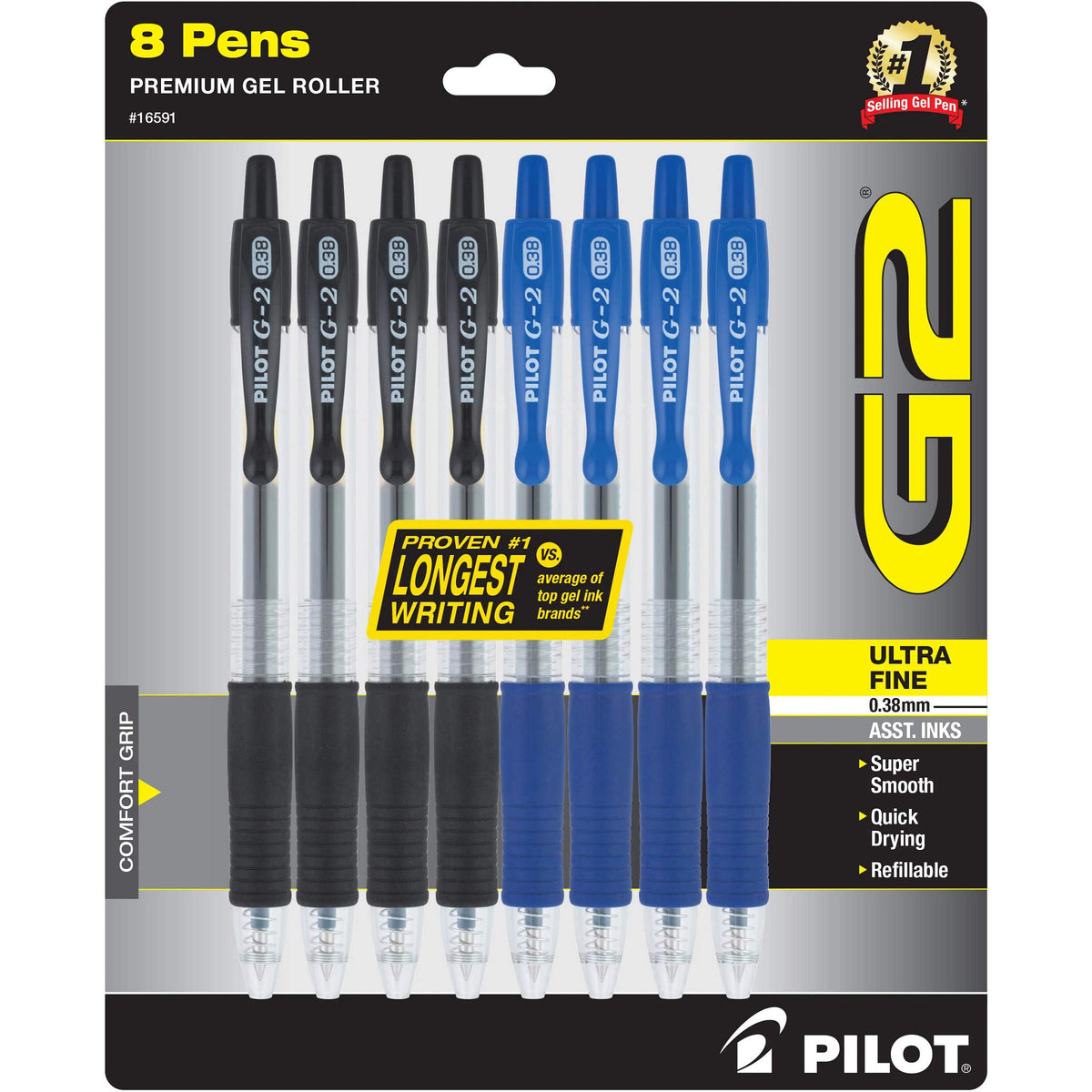 PILOT G2 Premium Retractable Rolling Ball Black Gel Pens, .38mm, 5-Pack